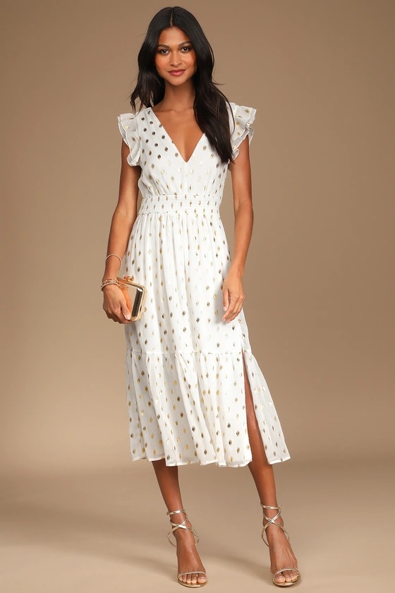 2-1 Cause to Celebrate White and Gold Dot Ruffled Tiered Midi Dress