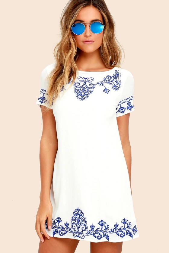 2-2 Tale to Tell Blue and Ivory Embroidered Shift Dress